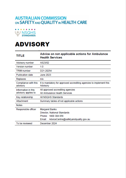 An image of the front page of Advisory AS23/02: Advice on not applicable actions for Ambulance Health Services