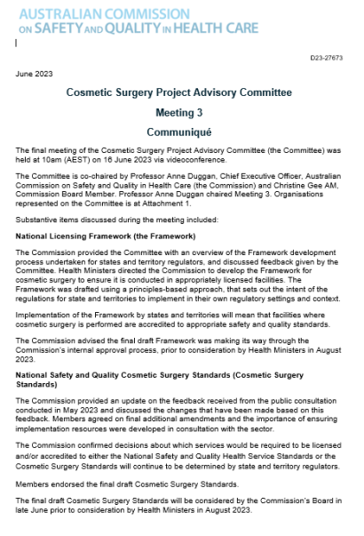 Communique June 2023 - Cosmetic Surgery Project Advisory Committee