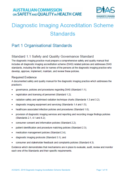 An image of the front page of ACSQHC Diagnostic Imaging Accreditation Scheme Standards 2016