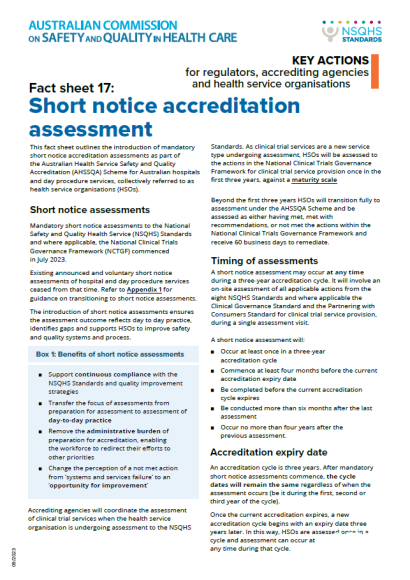 An image of the first page of Fact sheet 17: Short-notice assessment