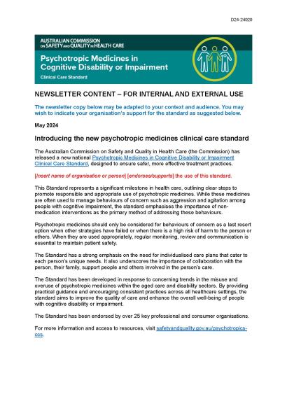 Psychotropic Medicines Clinical Care Standard newsletter - communications kit 2024