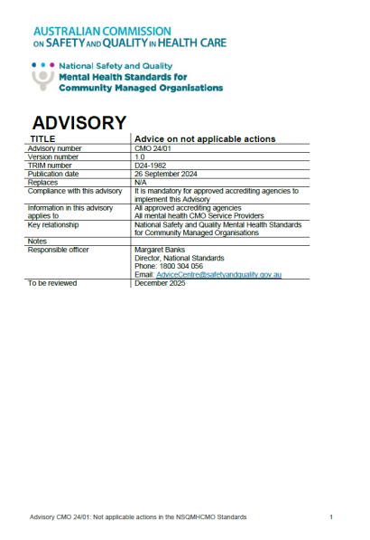 National Safety and Quality Mental Health Standards for Community Managed Organisations (NSQMHCMO Standards) Advisory on not applicable actions