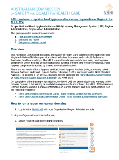 Thumbnail for NHHI FAQ - How to run a report on hand hygiene auditors for my Organisation or Region in the NHHI LMS resource