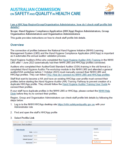 Thumbnail for FAQ resource - I am a HHCApp Region / Group / Organisation Administrator, how do I check staff profile link details?