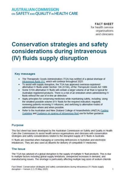 Fact Sheet for Health Service Organisations and Clinicians - IV Fluids Shortage