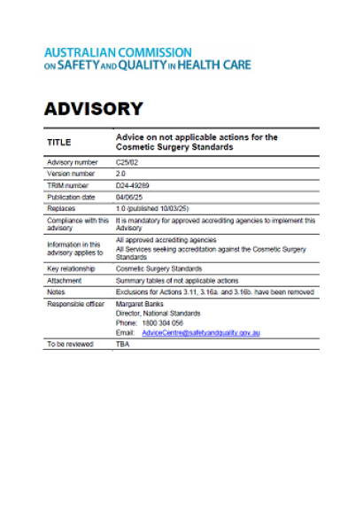 CS25/02: Advisory on not applicable actions - Cosmetic Surgery Standards