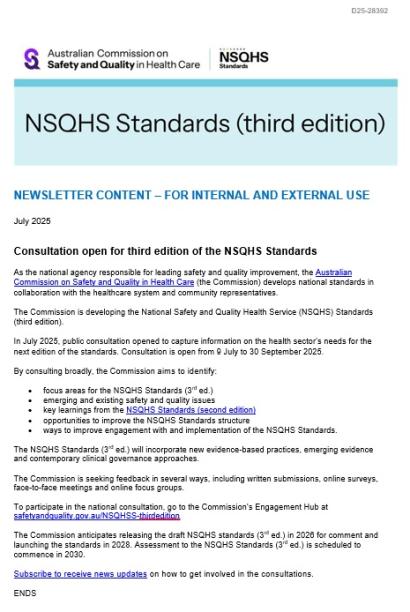 Image of Newsletter copy - NSQHSS third edition consultation