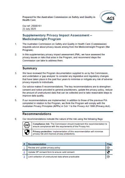 Image of the front page of the Supplementary PIA advice document