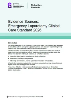 Cover image of 'Evidence sources - Emergency Laparotomy Clinical Care Standard' document