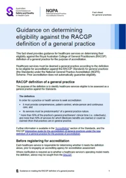 Cover image of '	Guidance on determining eligibility against the RACGP definition of a general practice' document
