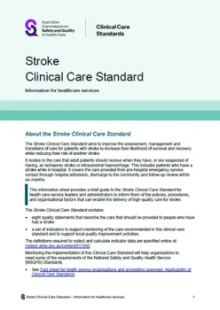 Cover image of Stroke Clinical Care Standard 'Information for healthcare services' document