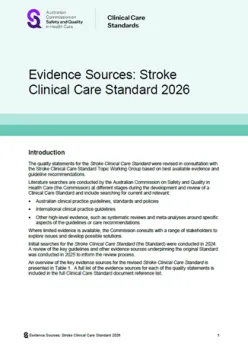 Cover of 'Evidence sources – Stroke Clinical Care Standard (2026)' documentt