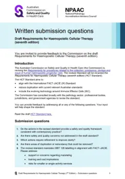Cover of 'Written submission questions - Draft Requirements for Haemopoietic Cellular Therapy (seventh edition)' document