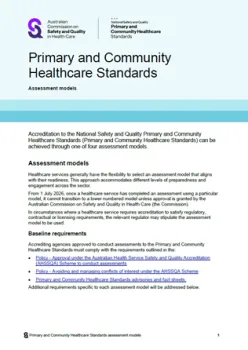 Cover of 'Assessment models of the National Safety and Quality Primary and Community Healthcare Standards' document