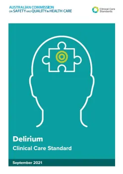 Small pic of head with puzzle piece, cover of Delirium Clinical Care Standards page. 