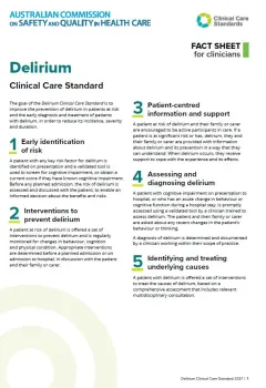 Small pic of the Clinician Fact Sheet - Delirium Clinical Care Standard