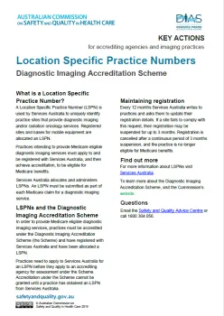 An image of the first page of Location Specific Practice Numbers Diagnostic Imaging fact sheet