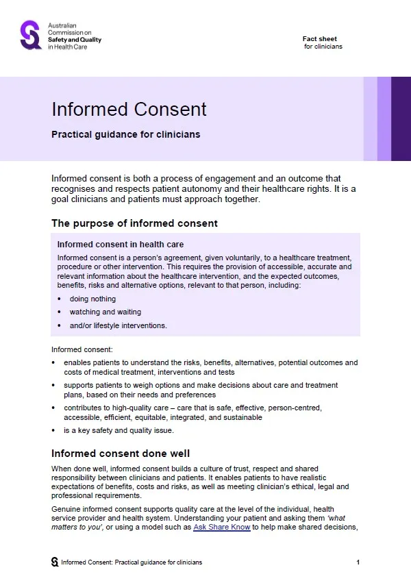 Informed consent - practical guidance for clinicians | Australian ...